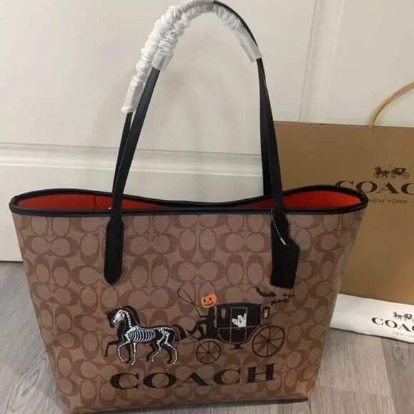 Coach Brown Tote with Black Handles and Halloween Design - Picture 1 of 6